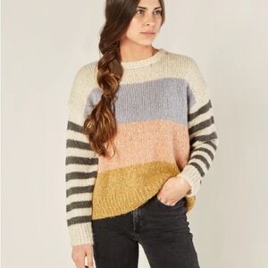 Woven Heart Mohair Blend Soft Colorblock Pink Tan Stripe Crewneck Sweater Sz MD